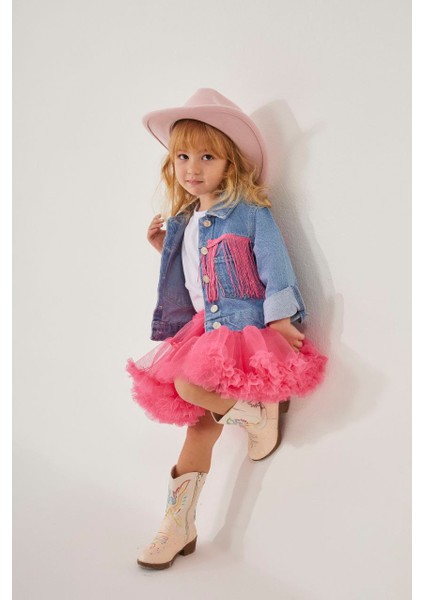 Kız Çocuk Püsküllü Kot Ceket ve Tütü Etek Alt Üst Takım Trend Moda Yeni Sezon