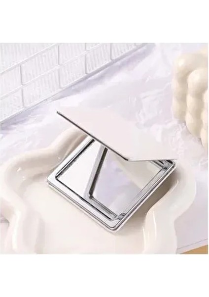 Kare Suni Deri Cep Aynası Beyaz 2x Büyüteçli Katlanabilir Çanta Boyu Ayna