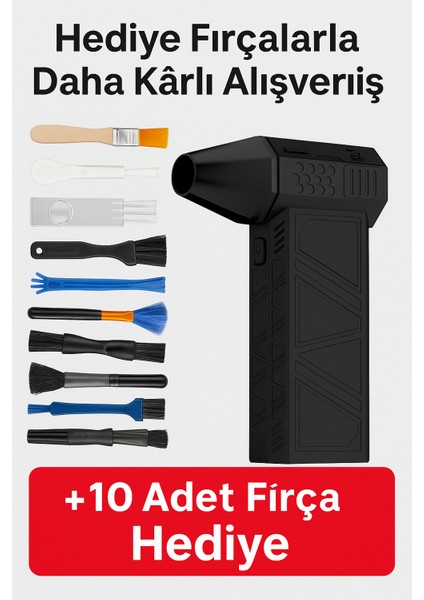 Şarjlı Hava Üfleme Cihazı + 10 Adet Fırça Hediye – Güçlü Temizlik Seti Mini Turbo Jet Fan