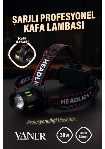 3000 Lümen 30W Şarjlı Profesyonel Zoomlu Kamp Avcı Balıkçı Kafa Lambası Feneri
