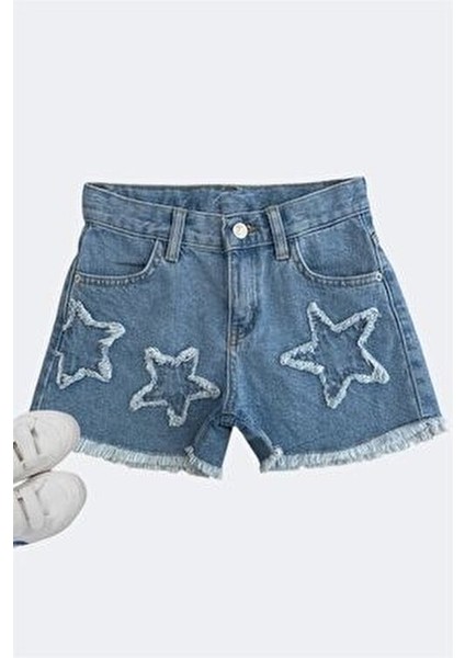 ASL GOLF CLUB 3-8 Yaş Kız Çocuk Denim Yıldızlı Şort Çift Cepli Düz Desenli Rahat Kesim Yazlık