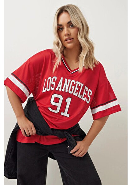 Büyük Beden V Yaka Kısa Kollu Baskılı File T-Shirt 303494