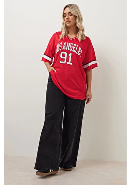 Büyük Beden V Yaka Kısa Kollu Baskılı File T-Shirt 303494 indirimleri