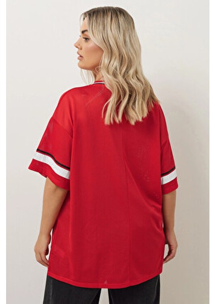 Büyük Beden V Yaka Kısa Kollu Baskılı File T-Shirt 303494