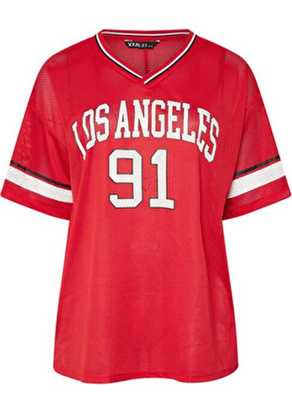 Büyük Beden V Yaka Kısa Kollu Baskılı File T-Shirt 303494