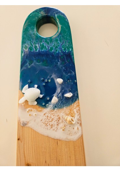 Doğal Sedir Ağacı & Epoksi Sunumluk( Deniz Temalı ) Mavi-Beyaz