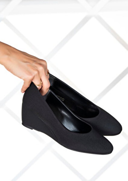 Maya Siyah Krep Yuvarlak Burun Dolgu Topuklu Günlük Ayakkabı modelleri