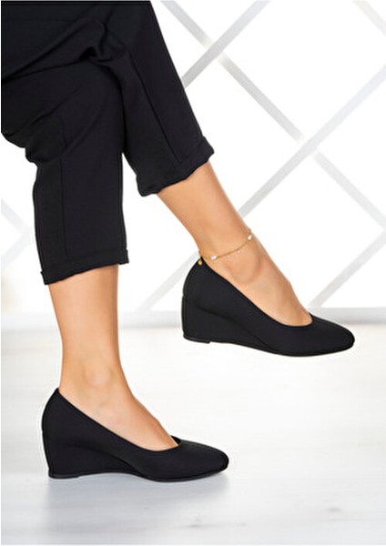 Maya Siyah Krep Yuvarlak Burun Dolgu Topuklu Günlük Ayakkabı fırsatları