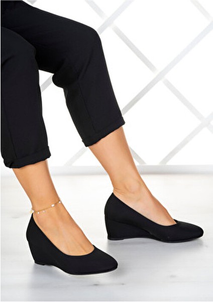 Maya Siyah Krep Yuvarlak Burun Dolgu Topuklu Günlük Ayakkabı indirimleri