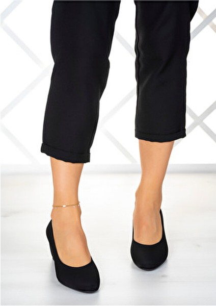 Maya Siyah Krep Yuvarlak Burun Dolgu Topuklu Günlük Ayakkabı