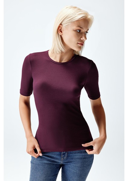 Kadın Modal Fitilli T-Shirt Mürdüm Renk
