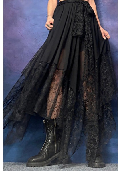 Dantel Asimetrik Siyah Etek modelleri