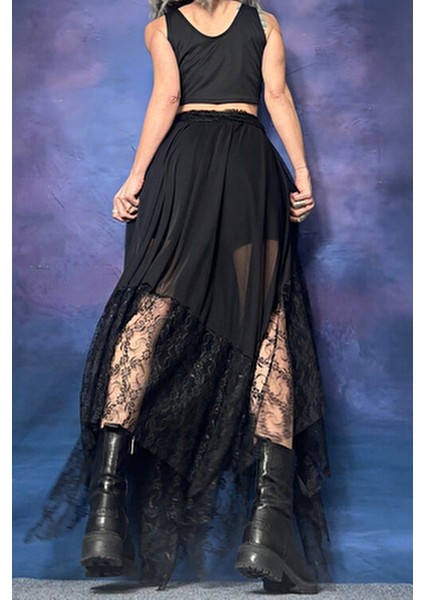 Dantel Asimetrik Siyah Etek fırsatları