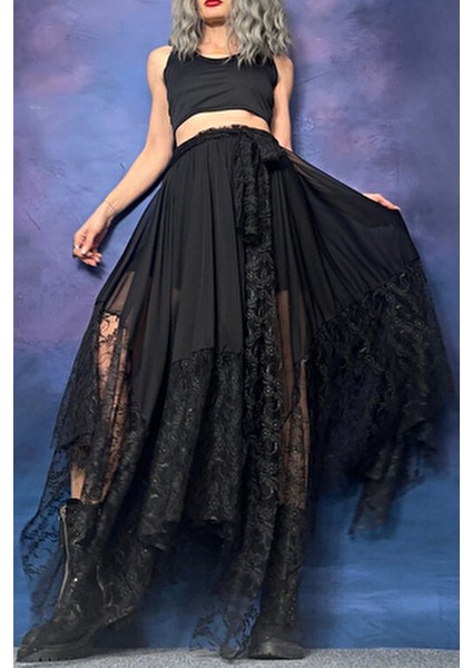 Dantel Asimetrik Siyah Etek indirimleri