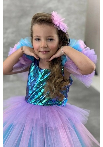 Tüllü Kabarık Etekli Süper Konsept Deniz Kızı Pul Desenli Kız Çocuk Abiye-Parti-Doğum Günü Kostümü fırsatları