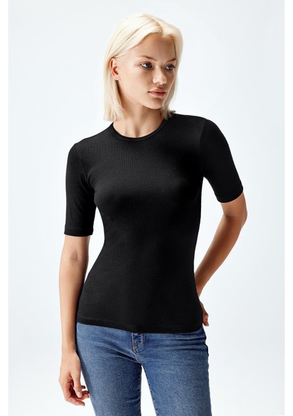 Kadın Modal Fitilli T-Shirt Siyah Renk