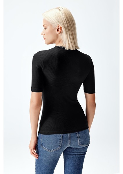 Kadın Modal Fitilli T-Shirt Siyah Renk fiyatları