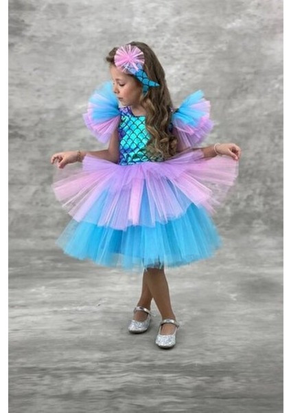 Deniz Kızı Temalı Tüllü Kabarık Etekli Kız Çocuk Abiye Parti Kostümü