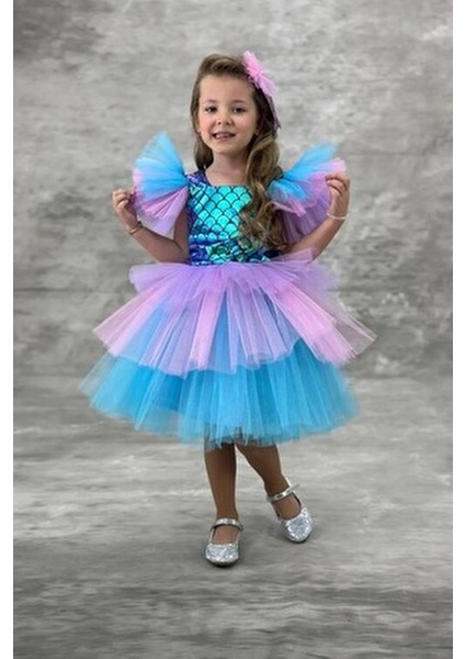 Deniz Kızı Temalı Tüllü Kabarık Etekli Kız Çocuk Abiye Parti Kostümü fiyatları