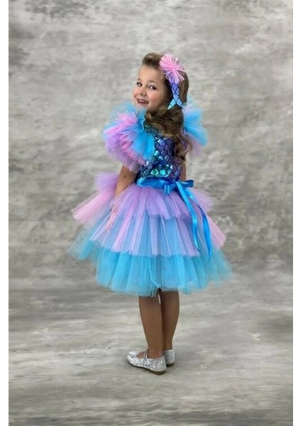 Deniz Kızı Temalı Tüllü Kabarık Etekli Kız Çocuk Abiye Parti Kostümü indirimleri