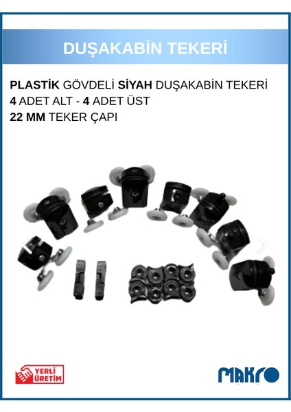 Duşakabin Tekerleği 8'li Cam Kabin Tekeri Rulman Siyah Plastik Gövdeli Çift Tekerlekli