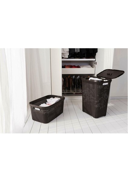 2'li Set Hasır Desenli Plastik Kahverengi Çamaşır Sepeti & Kahverengi Çamaşır Selesi fiyatları