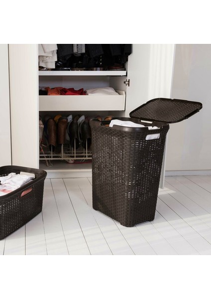 2'li Set Hasır Desenli Plastik Kahverengi Çamaşır Sepeti & Kahverengi Çamaşır Selesi fırsatları