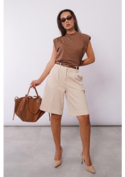 Bej Pileli Kadın Bermuda Şort MG2483 indirimleri