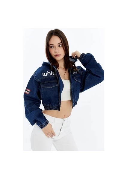 Kadın Kapüşonlu Baskılı Kot Ceket – Bomber Tasarım – Bel ve Kol Lastikli