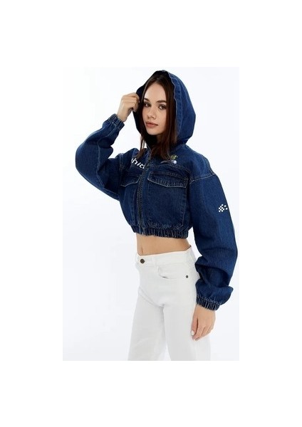 Kadın Kapüşonlu Baskılı Kot Ceket – Bomber Tasarım – Bel ve Kol Lastikli fırsatları
