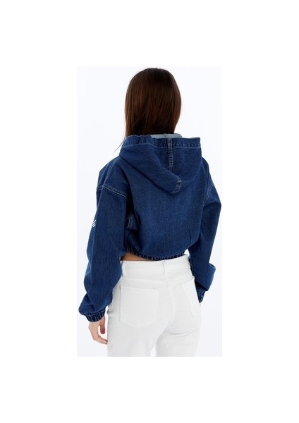 Kadın Kapüşonlu Baskılı Kot Ceket – Bomber Tasarım – Bel ve Kol Lastikli