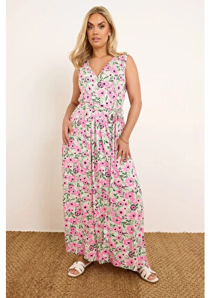 Büyük Beden V Yaka Sıfır Kol Beli Kuşaklı Pembe Desenli Maxi Elbise Trend A-Line Silüet fiyatları