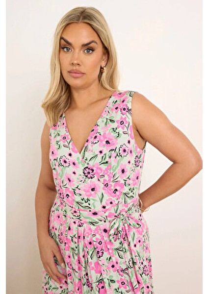 Büyük Beden V Yaka Sıfır Kol Beli Kuşaklı Pembe Desenli Maxi Elbise Trend A-Line Silüet fırsatları
