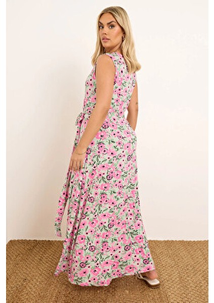 Büyük Beden V Yaka Sıfır Kol Beli Kuşaklı Pembe Desenli Maxi Elbise Trend A-Line Silüet indirimleri
