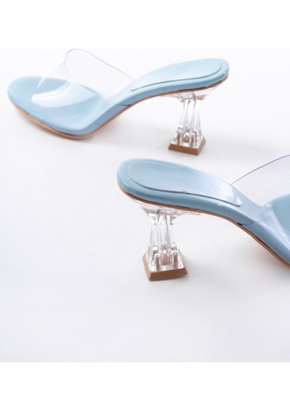 S-619 Bebe Mavi Rugan Şeffaf Bantlı Şeffaf Topuklu Yuvarlak Burunlu Kadın Terlik indirimleri