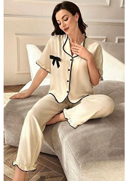 Kısa Kollu Düğmeli Pijama Takımı Bej Renk Düz Desenli fiyatları