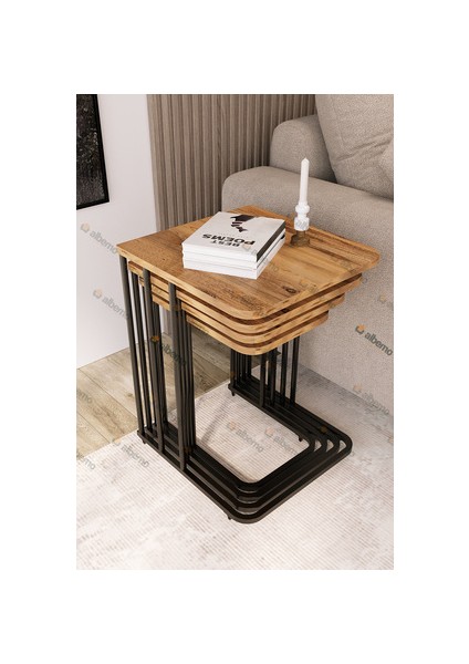 Orkide Tekerlekli 4 Lü Zigon Sehpa Siyah - Ceviz Mdf