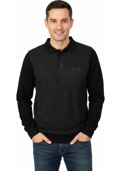 Erkek Kışlık Kazak Pamuklu Düğmeli Polo Yaka Cepli Uzun Kollu Klasik Desenli Rahat Kesim