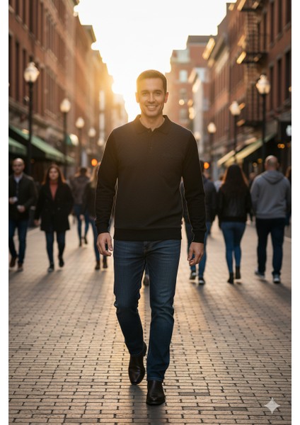 Erkek Kışlık Kazak Pamuklu Düğmeli Polo Yaka Cepli Uzun Kollu Klasik Desenli Rahat Kesim fırsatları