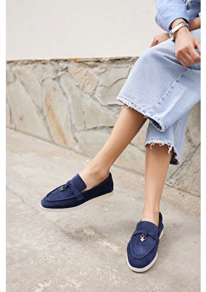Casado Kadın Lacivert Gercek Suet Loafer Ayakkabı