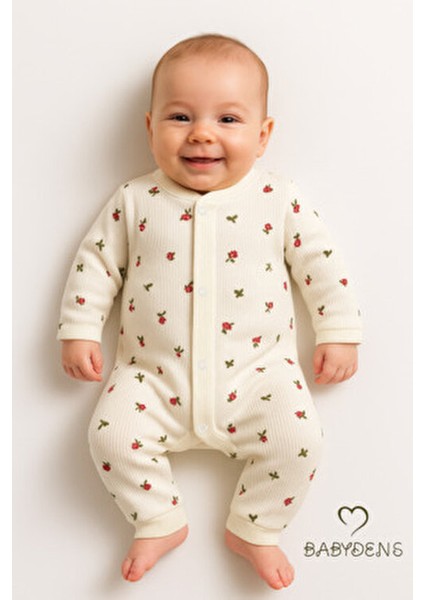 Çiçek Desenli Pamuklu Fitilli Ribana Çıtçıtlı Bebek Tulum Manşetli Paça Kız Bebek Yenidoğan Tulum