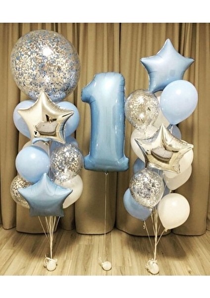 1 Yaş Mavi Renk Konsept - Doğum Günü Partisi Süsü Yıldız Folyo Balon