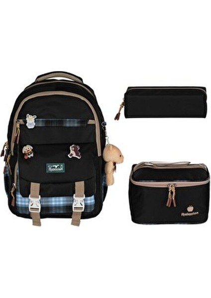 Relaxion Su Geçirmez Kumaş Kore Tarzı Sırt Çantası Termal Beslenme Çantası ve Kalemlik Üçlü Set