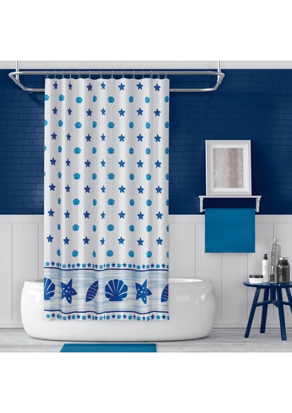 Banyo Perdesi 1X180X200 Tek Kanat Duş Perdesi Halka Hediyeli Duşakabin Perdesi 4910 Mavi