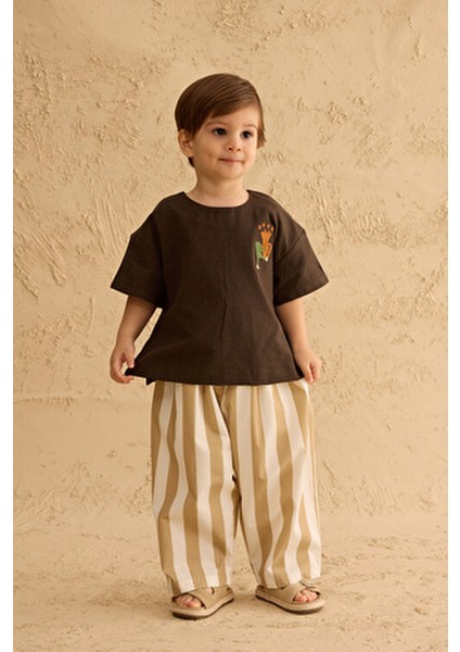 Nakışlı Oversize Keten Gömlek Acı Kahve