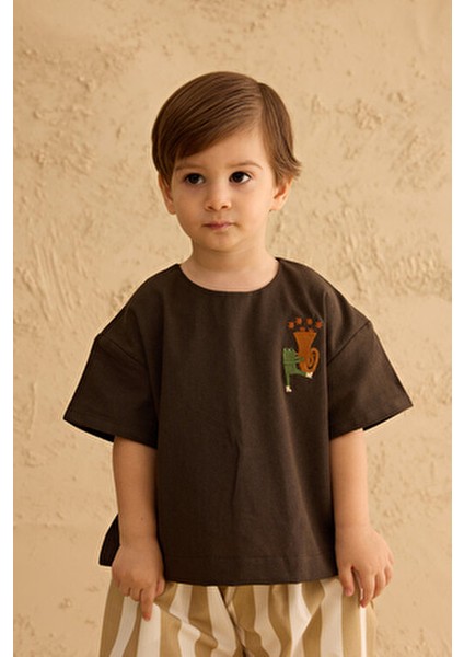 Nakışlı Oversize Keten Gömlek Acı Kahve