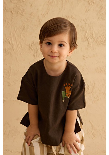 Nakışlı Oversize Keten Gömlek Acı Kahve