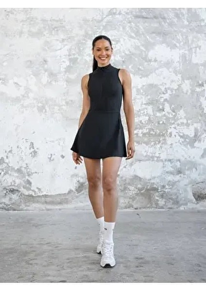 Kadın Siyah Fermuarlı Şort Etekli Spor Tulum Tenis Tulum