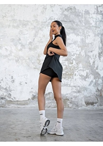 Kadın Siyah Fermuarlı Şort Etekli Spor Tulum Tenis Tulum fiyatları