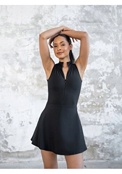 Kadın Siyah Fermuarlı Şort Etekli Spor Tulum Tenis Tulum modelleri